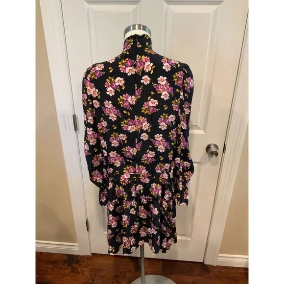 Zadig & Voltaire Rabbi Peonies Black Pleated Floral High Neck Mini Dress, Size S